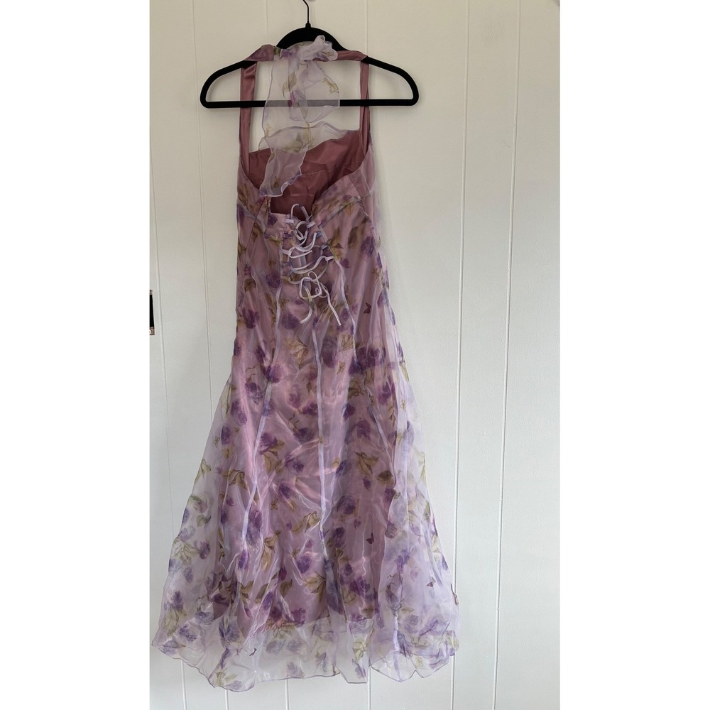 TCCX Floral Mesh Midi Dress Lace Up Back Fairycore Whimsigoth Sheer Overlay L - Picture 9 of 11